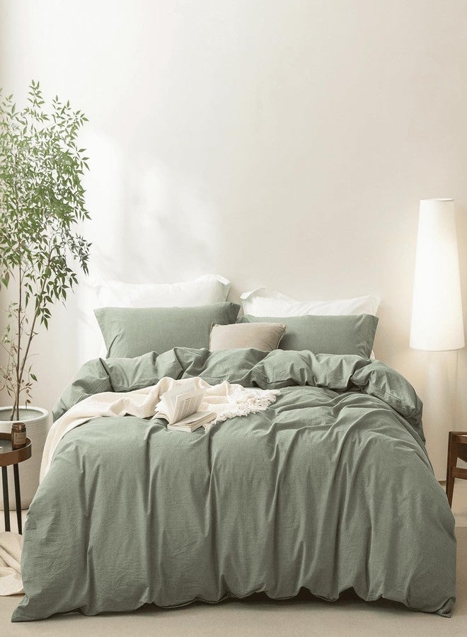BDEAR Linen Feel Heathered Green Duvet Cover Full Size 90'' L x 80'' W, 100% Washed Cotton Duver Cover with Zipper Closure Plus 2 Pillowcases, Oeko TEX Standard Certificated - Image 2
