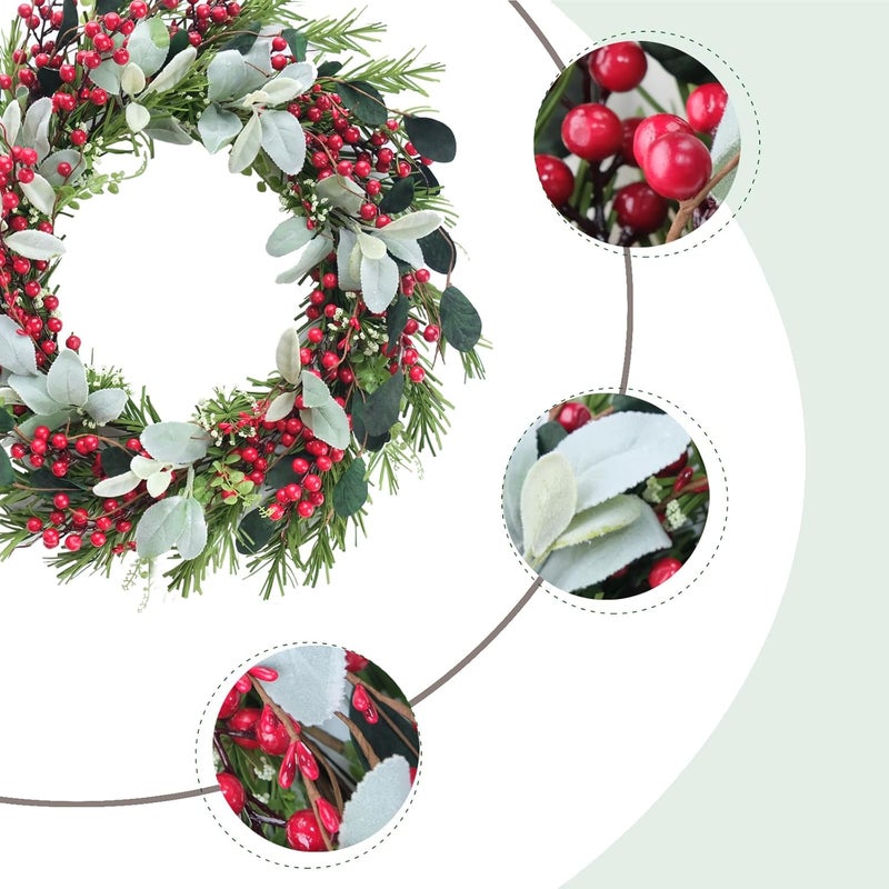 Bibelot 20 inches Christmas Wreath Red Berry Wreath Artificial Cypress Pine Needles Leaves Wreath for Front Door for Home Farmhouse Holiday Party Festival Wall Decor (B) - Image 2