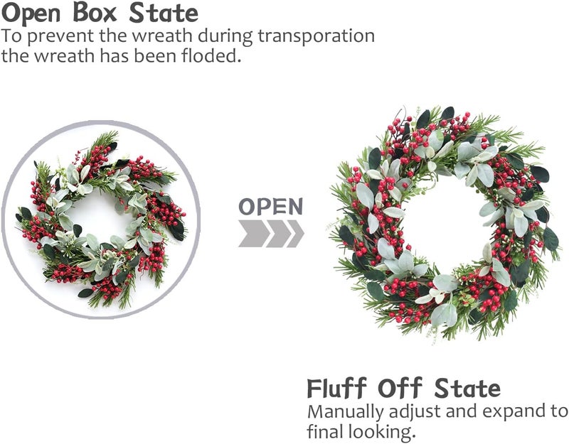 Bibelot 20 inches Christmas Wreath Red Berry Wreath Artificial Cypress Pine Needles Leaves Wreath for Front Door for Home Farmhouse Holiday Party Festival Wall Decor (B) - Image 4