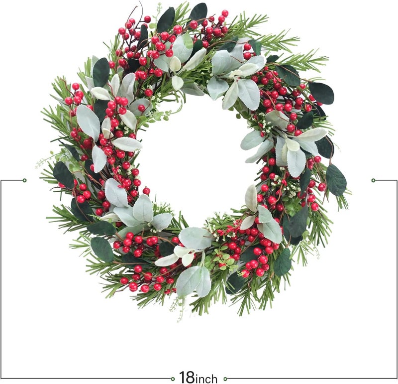 Bibelot 20 inches Christmas Wreath Red Berry Wreath Artificial Cypress Pine Needles Leaves Wreath for Front Door for Home Farmhouse Holiday Party Festival Wall Decor (B) - Image 3