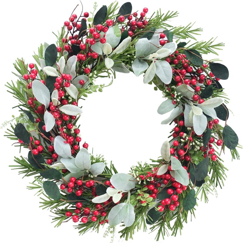 Bibelot 20 inches Christmas Wreath Red Berry Wreath Artificial Cypress Pine Needles Leaves Wreath for Front Door for Home Farmhouse Holiday Party Festival Wall Decor (B) - Image 1