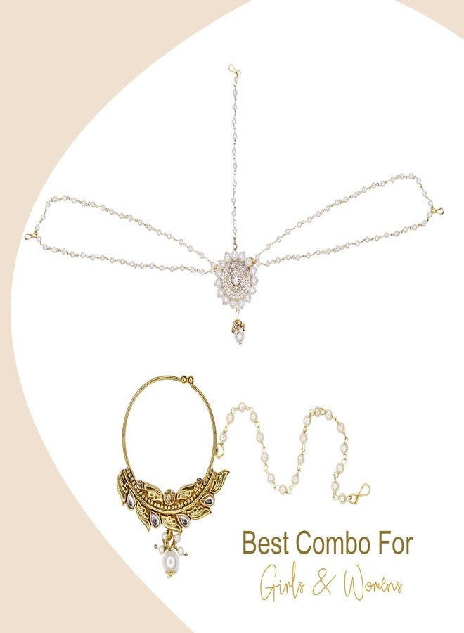 FULLY Gold Plated Nose Ring with Mathapatti For Wedding | Bridal Nose Ring/Nath without Piercing Nose Pin for Women and Girls - Image 5