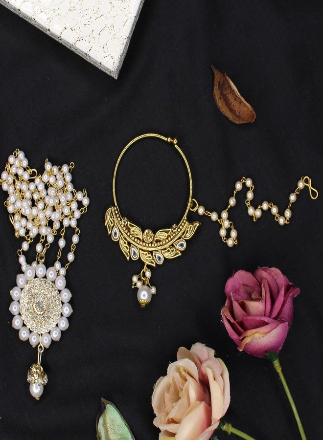 FULLY Gold Plated Nose Ring with Mathapatti For Wedding | Bridal Nose Ring/Nath without Piercing Nose Pin for Women and Girls - Image 4