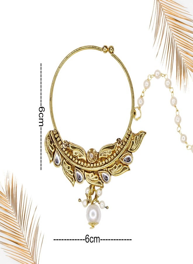 FULLY Gold Plated Nose Ring with Mathapatti For Wedding | Bridal Nose Ring/Nath without Piercing Nose Pin for Women and Girls - Image 2