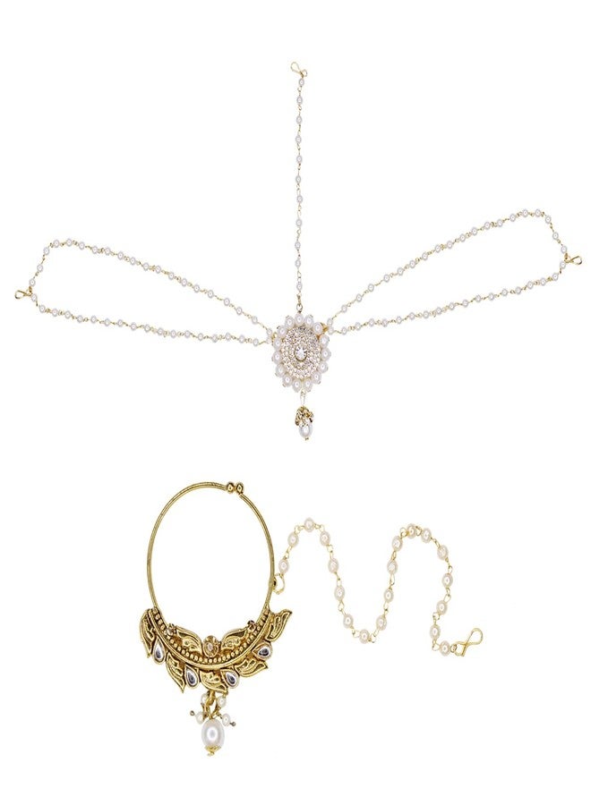 FULLY Gold Plated Nose Ring with Mathapatti For Wedding | Bridal Nose Ring/Nath without Piercing Nose Pin for Women and Girls - Image 1