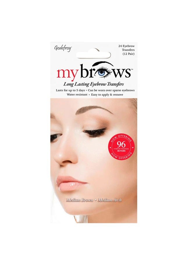 Godefroy MyBrows Long Lasting Eyebrow Transfers, Medium Arch, Medium Brown, 48-Pairs of Brows (96 Individual transfers) - Image 1