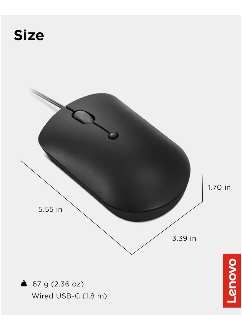 لينوفو 400 USB-C ماوس سلكي صغير الحجم، 4 أزرار ماوس USB لأجهزة الكمبيوتر المحمولة وأجهزة الكمبيوتر، قابل للتعديل 2400 نقطة في البوصة، اليد اليسرى أو اليمنى، GY51D20875، أسود  - Image 3