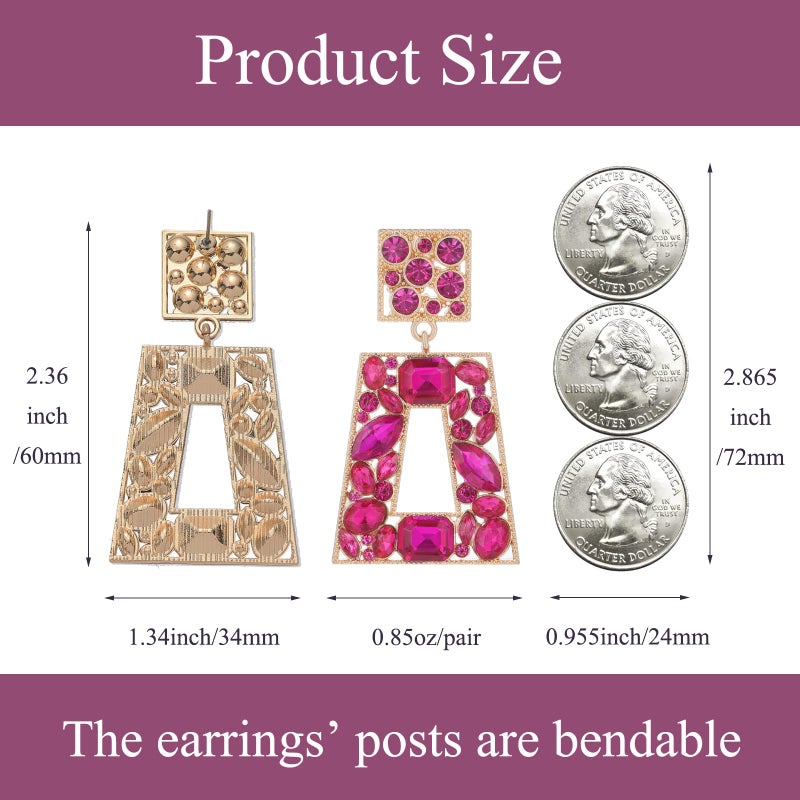 VANGETIMI Hot Pink Rhinestone Rectangle Statement Earrings Colorful Crystal Geometric Drop Dangle Earrings for Women Prom Party - Image 5