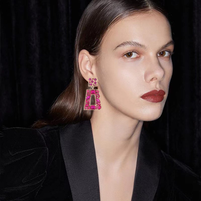 VANGETIMI Hot Pink Rhinestone Rectangle Statement Earrings Colorful Crystal Geometric Drop Dangle Earrings for Women Prom Party - Image 3