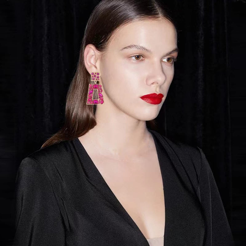 VANGETIMI Hot Pink Rhinestone Rectangle Statement Earrings Colorful Crystal Geometric Drop Dangle Earrings for Women Prom Party - Image 2