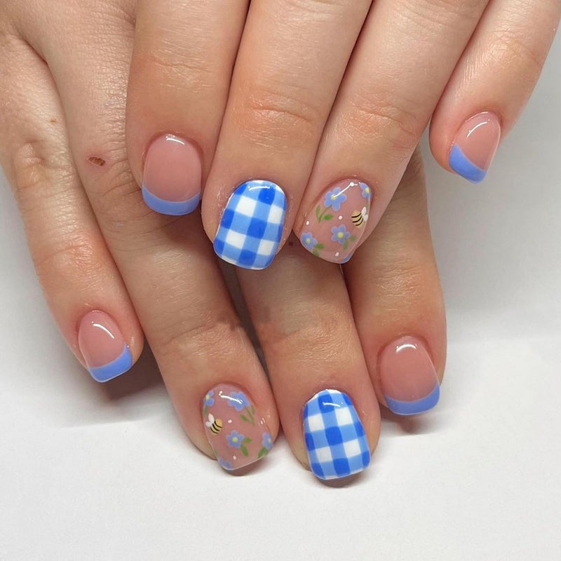 GRITOSE Cute Press On Nails with Bee and Flower Designs - Stick On Nails, Full Cover Blue and White Checkered French Tip Acrylic Nails - Summer Sweet Young False Nails for Women Girls - Image 1