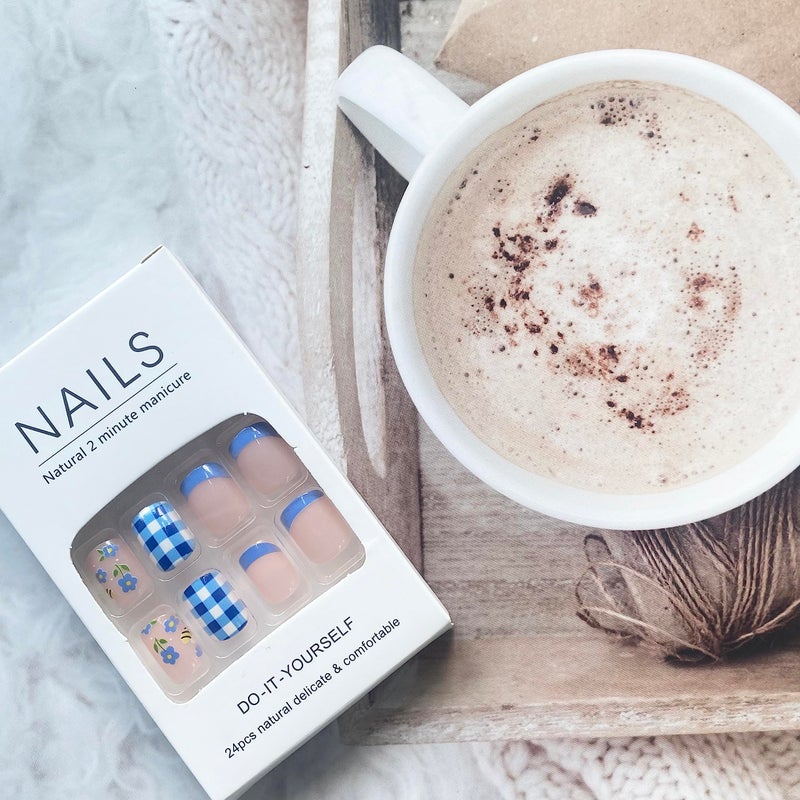 GRITOSE Cute Press On Nails with Bee and Flower Designs - Stick On Nails, Full Cover Blue and White Checkered French Tip Acrylic Nails - Summer Sweet Young False Nails for Women Girls - Image 5