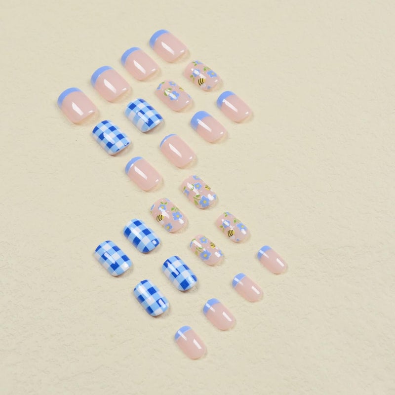 GRITOSE Cute Press On Nails with Bee and Flower Designs - Stick On Nails, Full Cover Blue and White Checkered French Tip Acrylic Nails - Summer Sweet Young False Nails for Women Girls - Image 4