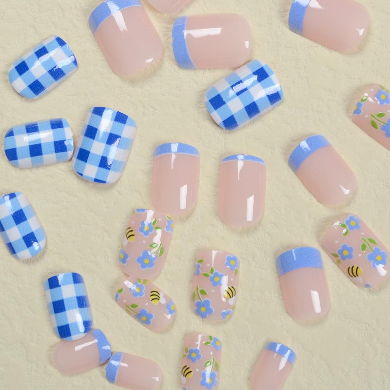 GRITOSE Cute Press On Nails with Bee and Flower Designs - Stick On Nails, Full Cover Blue and White Checkered French Tip Acrylic Nails - Summer Sweet Young False Nails for Women Girls - Image 2