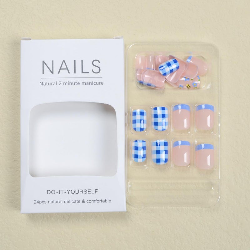 GRITOSE Cute Press On Nails with Bee and Flower Designs - Stick On Nails, Full Cover Blue and White Checkered French Tip Acrylic Nails - Summer Sweet Young False Nails for Women Girls - Image 3