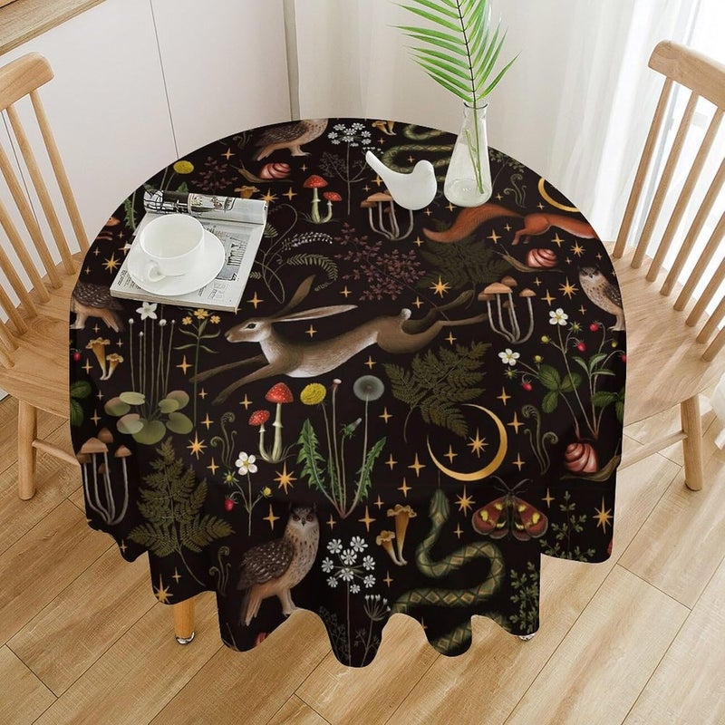 JanJCurt Rustic Forest Tablecloth Fairy Tale Forest Woodland Wild Animals Moths Flowers Moon Star Table Cover for Home Kitchen Dining Table Party Camping Decor 70x70in  - Image 3