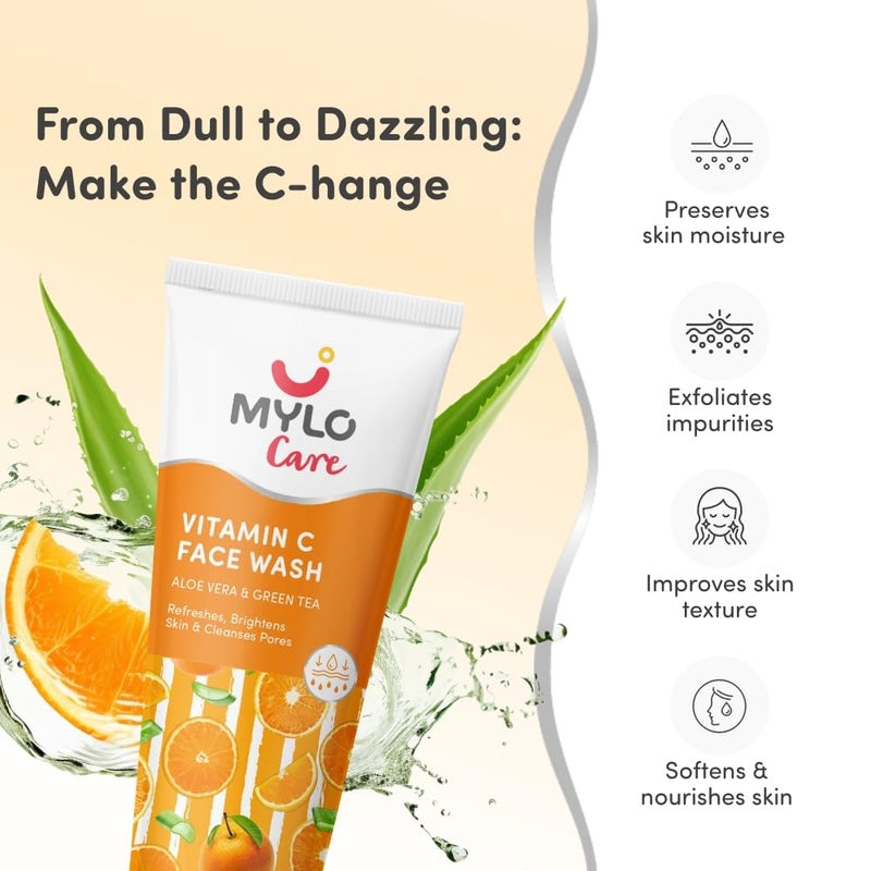 Mylo Care Vitamin C Refreshing  Brightening Face Wash  With Aloe Vera Green Tea  Sugarcane Extracts  Hydrating Face Wash for Glowing Skin  Vitamin C Foaming Face Wash for All Skin Types 100ml