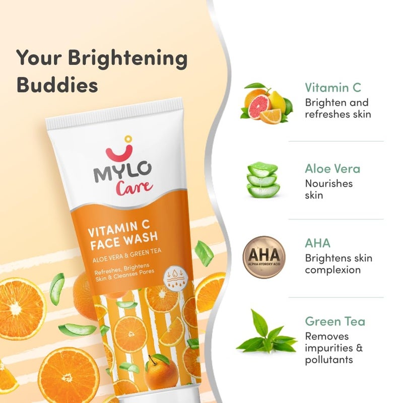 Mylo Care Vitamin C Refreshing  Brightening Face Wash  With Aloe Vera Green Tea  Sugarcane Extracts  Hydrating Face Wash for Glowing Skin  Vitamin C Foaming Face Wash for All Skin Types 100ml
