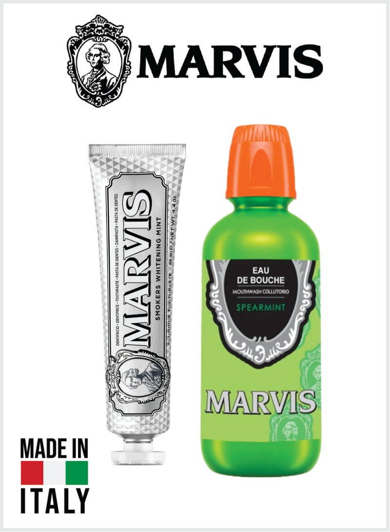 Marvis مجموعة العناية بالفم – معجون أسنان مبيض للمدخنين 85 مل + غسول فم بنكهة النعناع 400 مل، نفس منعش ونظافة يومية - Image 1