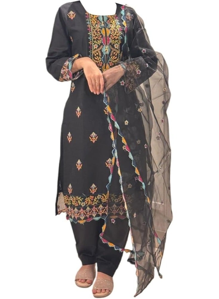 وينشيلز طقم سلوار قميص من 3 قطع - أسود مع تصميم زهور متعدد الألوان ووشاح شبكي - متوسط - Image 2