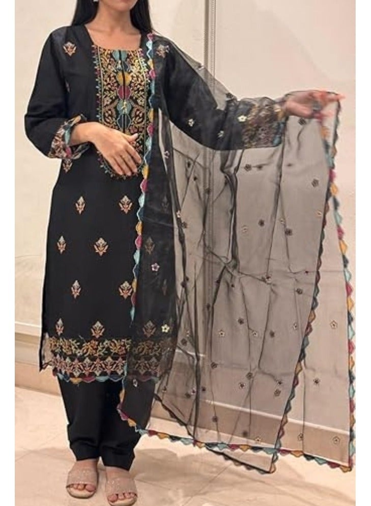 وينشيلز طقم سلوار قميص من 3 قطع - أسود مع تصميم زهور متعدد الألوان ووشاح شبكي - متوسط - Image 1