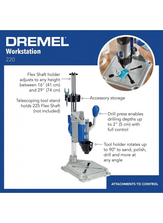 DREMEL Dremel Drill Press Rotary Tool Workstation Stand with Wrench- 220-01- Mini Portable Drill Press- Tool Holder- 2 Inch Drill Depth- Ideal for Drilling Perpendicular and Angled Holes- Table Top Drill , Silver 
