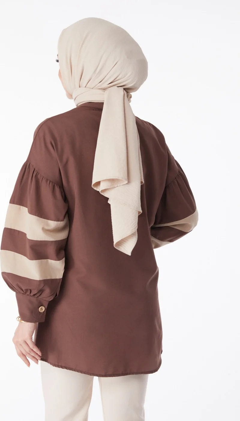 Tofisa Plain Shirt Collar Women's Brown Balloon Sleeve Garnished Tunic - 13158