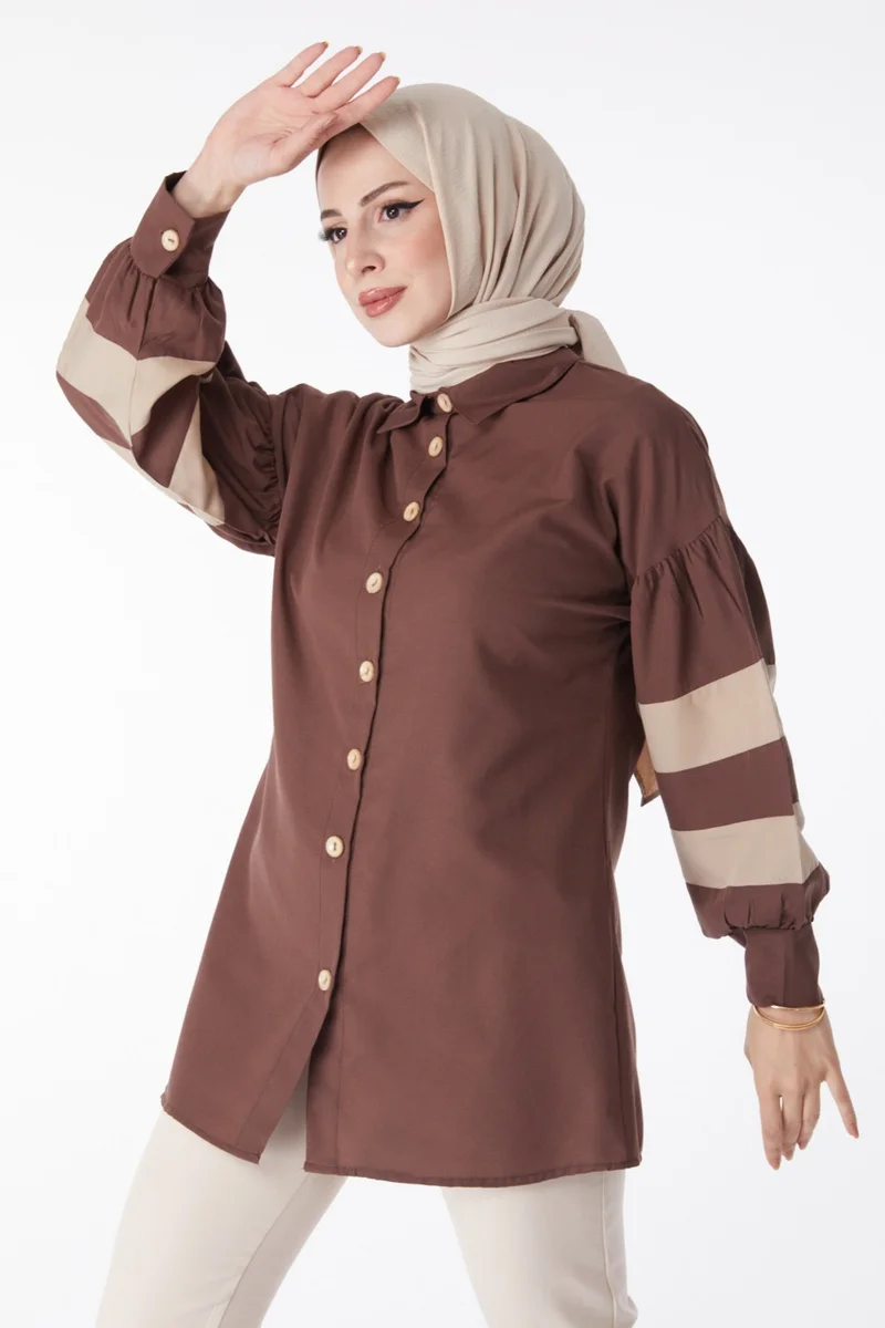 Tofisa Plain Shirt Collar Women's Brown Balloon Sleeve Garnished Tunic - 13158