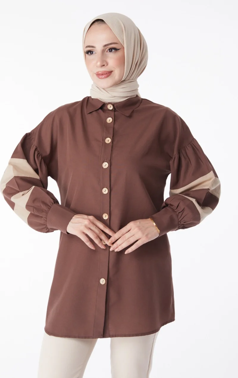 Tofisa Plain Shirt Collar Women's Brown Balloon Sleeve Garnished Tunic - 13158