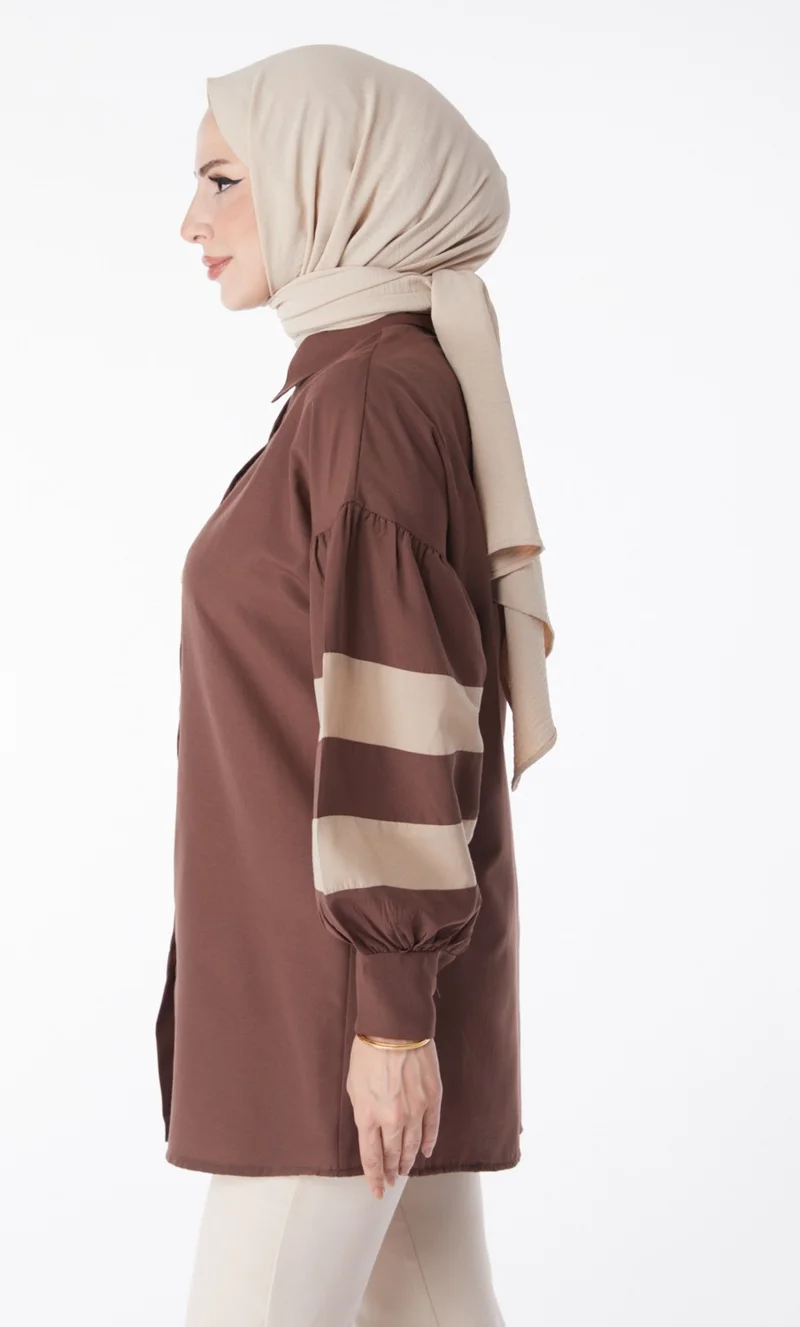 Tofisa Plain Shirt Collar Women's Brown Balloon Sleeve Garnished Tunic - 13158