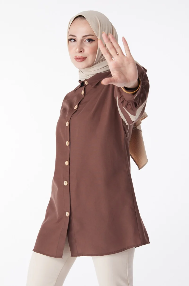Tofisa Plain Shirt Collar Women's Brown Balloon Sleeve Garnished Tunic - 13158