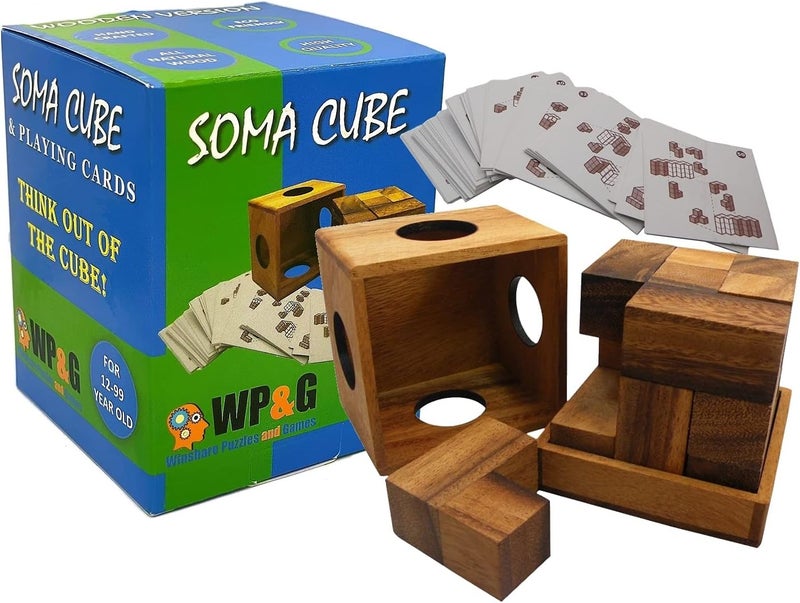 Winshare Puzzles and Games Soma Cube Wooden Puzzle with 50 Playing Cards - 3D Brain Teaser - Image 1