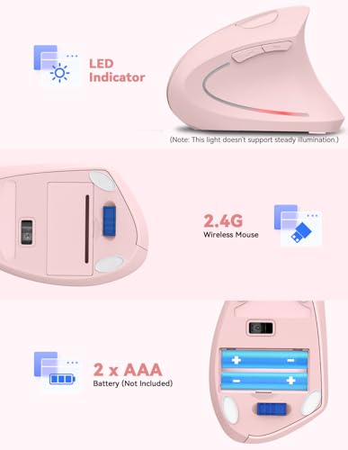 TECKNET 2.4G Ergonomic Mouse Vertical Wireless - 4800 DPI Optical Carpal Tunnel Mice Right Hand, 4800 DPI Adjustable, Quiet Clicks, 6 Buttons for Laptop, Desktop, PC, Computer - Pink - Image 4