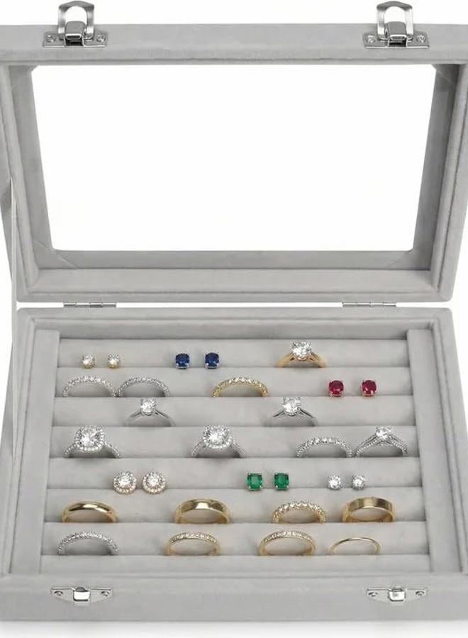 EONGOA Jewelry Box Rings Organizer Tray 7 Slots Velvet Jewelry Earring Storage Box With Transparent Lid Jewelry Display Case for Girls Women (Gray) - Image 3