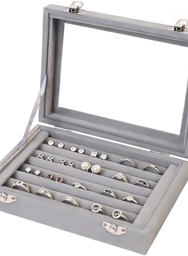 EONGOA Jewelry Box Rings Organizer Tray 7 Slots Velvet Jewelry Earring Storage Box With Transparent Lid Jewelry Display Case for Girls Women (Gray) - Image 1