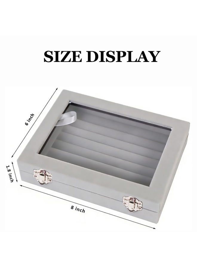 EONGOA Jewelry Box Rings Organizer Tray 7 Slots Velvet Jewelry Earring Storage Box With Transparent Lid Jewelry Display Case for Girls Women (Gray) - Image 2