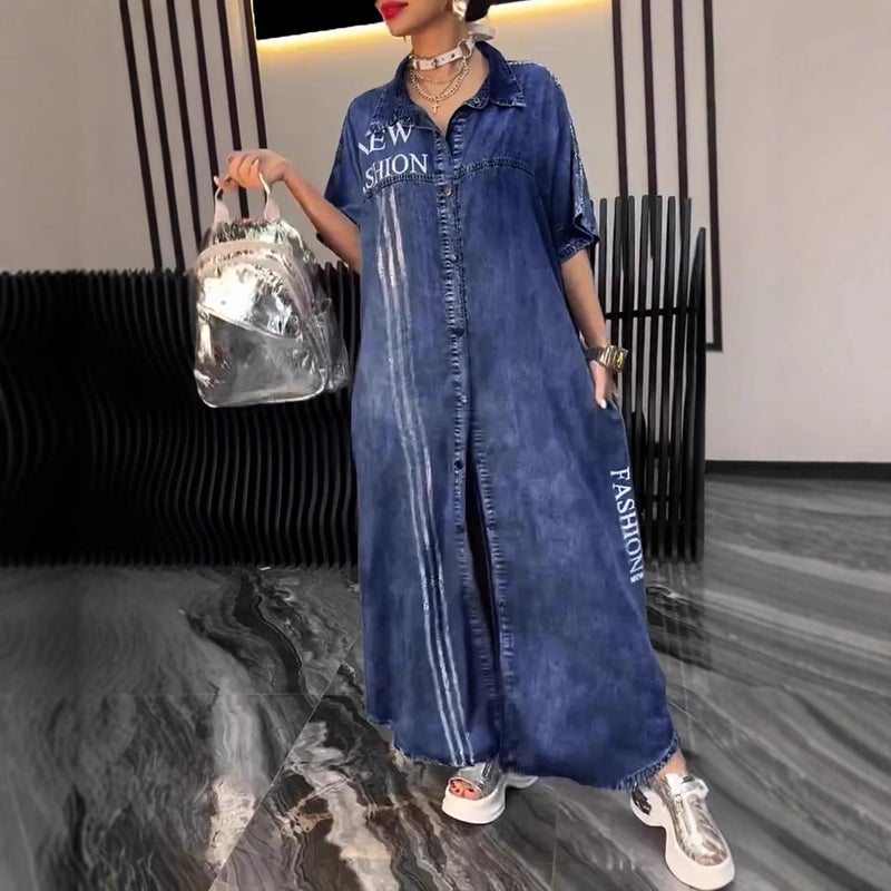 Women's Casual Denim-Like Print Long Dress with Collar - Image 1