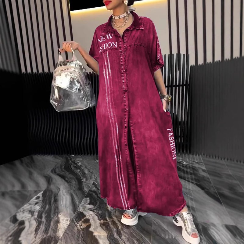 Women's Casual Denim-Like Print Long Dress with Collar - Image 2