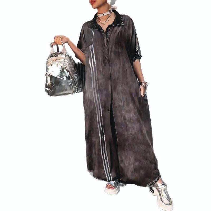 Women's Casual Denim-Like Print Long Dress with Collar - Image 4