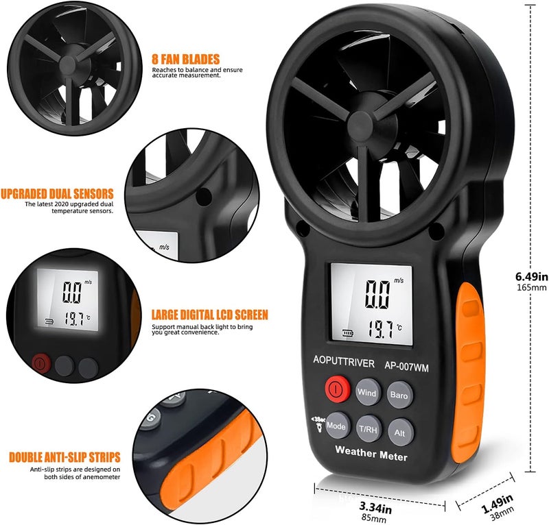 AOPUTTRIVER Digital Anemometer Barometer Pressure Gauge for Wind Speed ​​Temperature/Humidity/Dew Point/Wind Chill/Altimeter Barometer with Backlight MAX MIN AVG AP-007WM - Image 4
