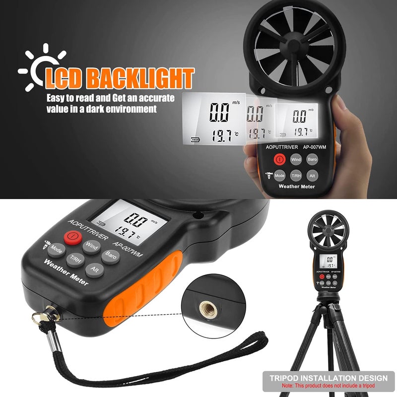 AOPUTTRIVER Digital Anemometer Barometer Pressure Gauge for Wind Speed ​​Temperature/Humidity/Dew Point/Wind Chill/Altimeter Barometer with Backlight MAX MIN AVG AP-007WM - Image 3