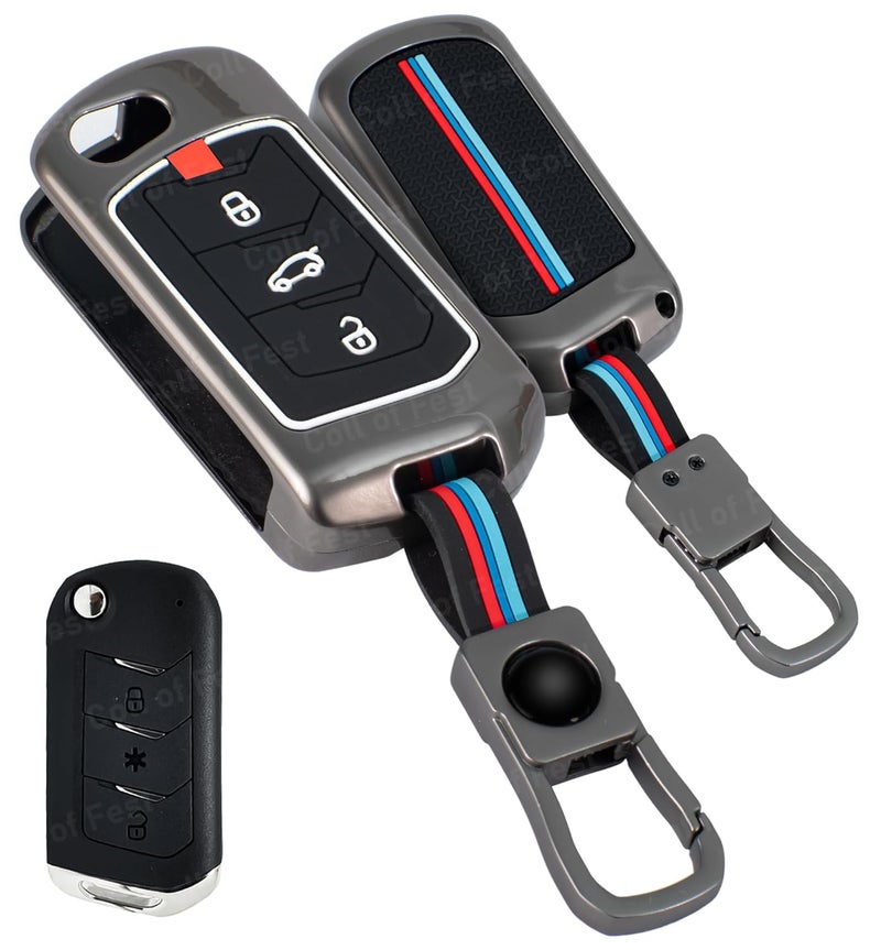 Coll of Fest Metal Silicon Key Cover Compatible With Mahindra Scorpio, Marazzo | Xuv 300, Xuv 700 | Xuv 400 Ev | Bolero | Thar | Tuv 3 Button Flip Key Feature Visibility In Low-Light Condition, Black - Image 1