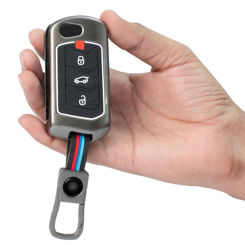 Coll of Fest Metal Silicon Key Cover Compatible With Mahindra Scorpio, Marazzo | Xuv 300, Xuv 700 | Xuv 400 Ev | Bolero | Thar | Tuv 3 Button Flip Key Feature Visibility In Low-Light Condition, Black - Image 2