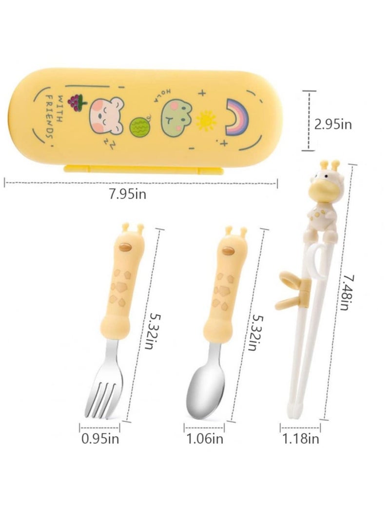 Set of 4pcs Chopsticks for Kids Giraffe Beginners Training Fork Spoon with Storage Box Toddler Children