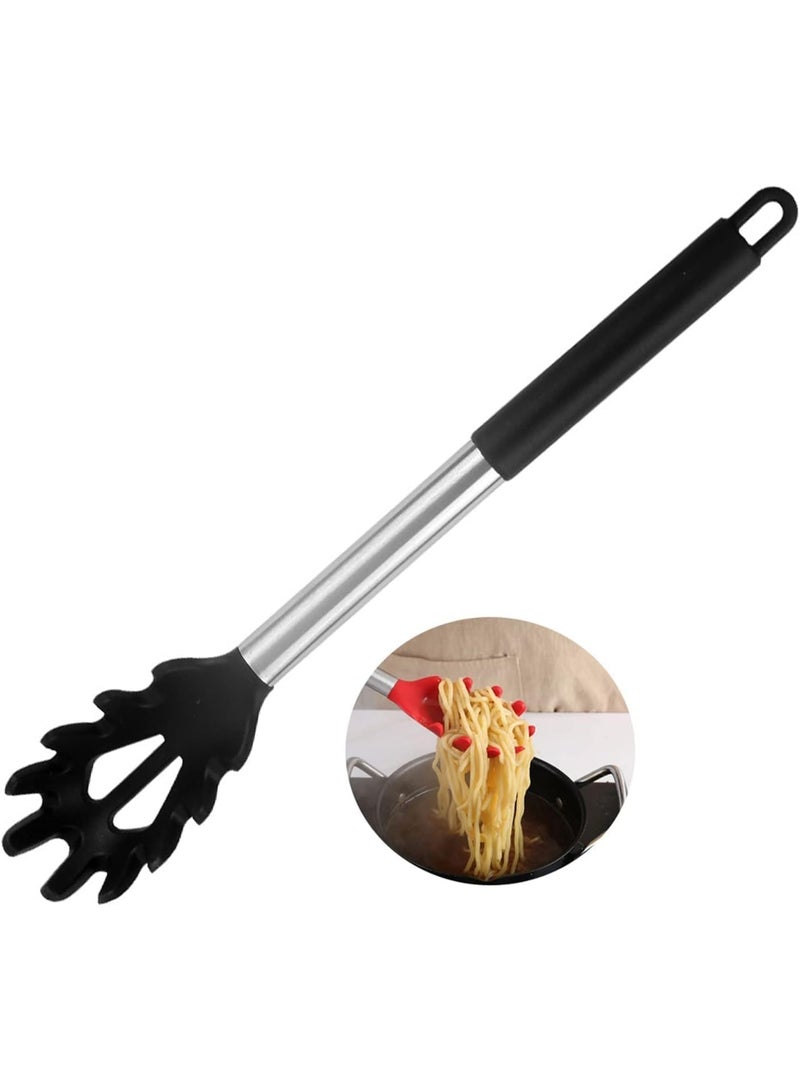 Silicone Pasta Fork – Heat Resistant Spaghetti Spoon with Stainless Steel Handle, Food Grade Noodle Server for Kitchen Cooking (Black) - Image 1
