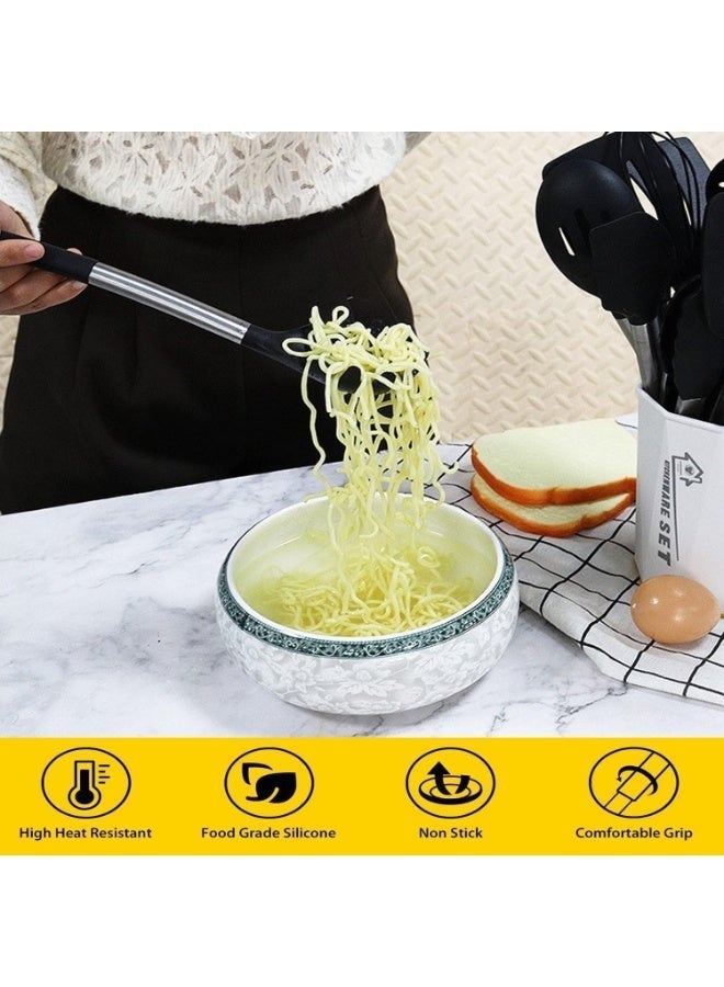 Silicone Pasta Fork – Heat Resistant Spaghetti Spoon with Stainless Steel Handle, Food Grade Noodle Server for Kitchen Cooking (Black) - Image 4