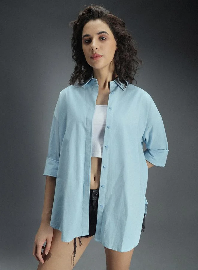 HIGH STAR Women's Light Blue 100% Cotton Solid Pattern Button Down Tailored Fit Shirt