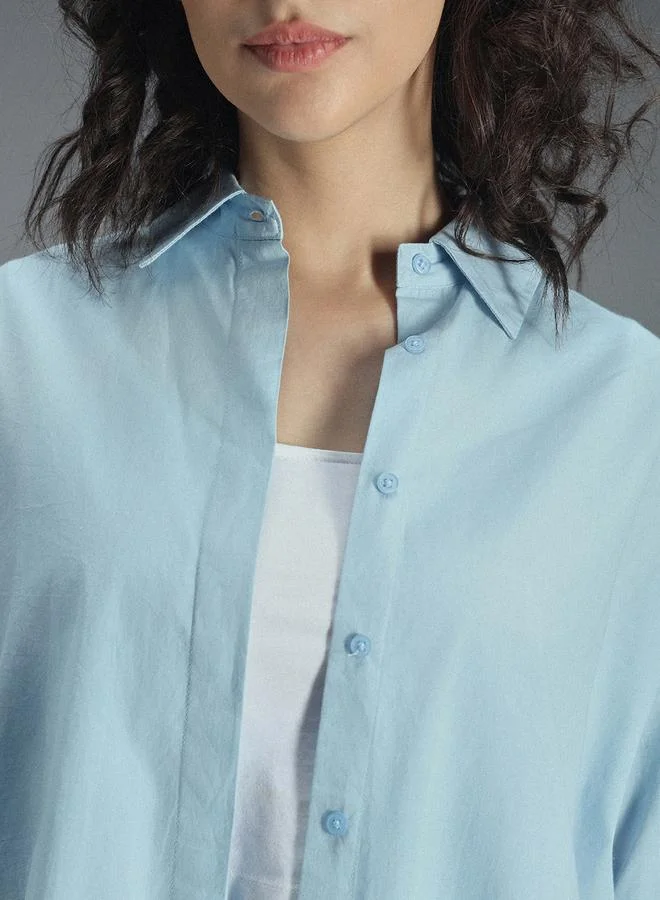 HIGH STAR Women's Light Blue 100% Cotton Solid Pattern Button Down Tailored Fit Shirt