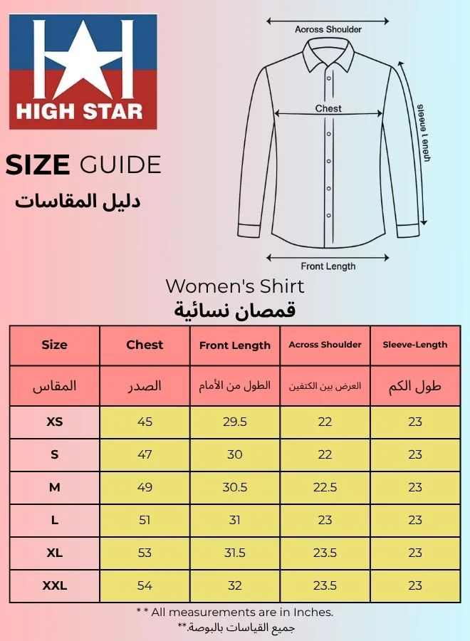 HIGH STAR Women's Light Blue 100% Cotton Solid Pattern Button Down Tailored Fit Shirt