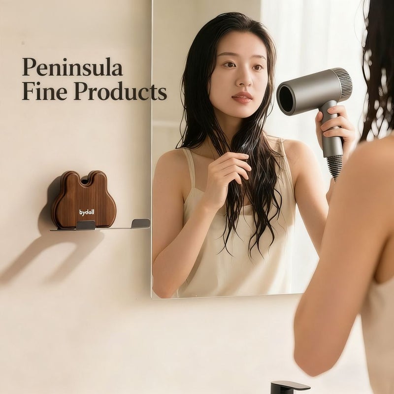 1pc Wood Color Hair Dryer Holder Bathroom Rabbit Shape Wall Mounted Rack No Drilling Required Storage Organizer - Image 1